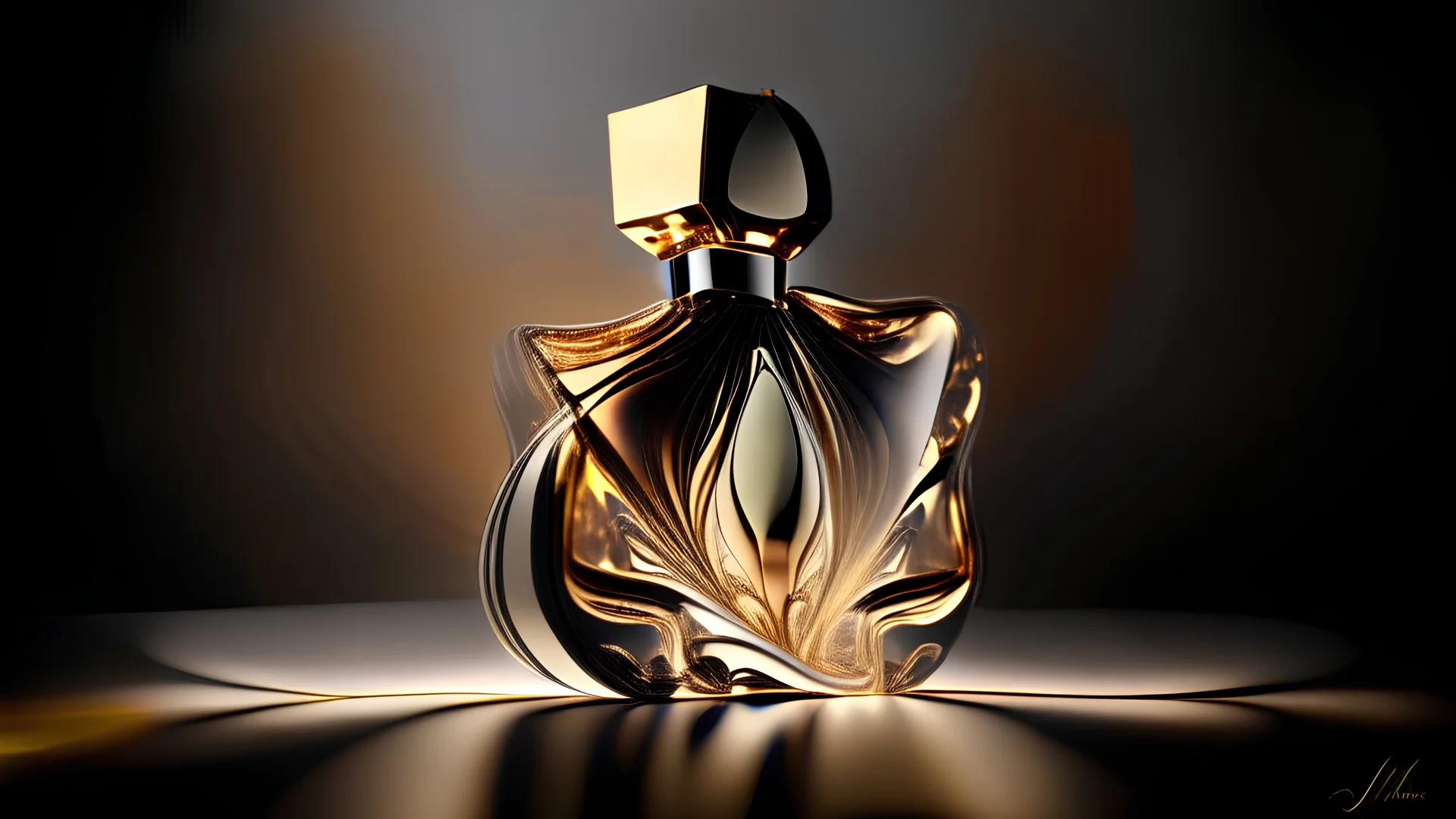 Imagine a perfume bottle that defies conventions and sparks the imagination. Unique work of art, seamlessly blending aesthetics with fragrance. Conceptualize this extraordinary perfume bottle, focusing on an out-of-the-box and breathtakingly beautiful design - Unmistakable to a photograph. Cinematic lighting. --Ambient Occlusion --Anti-Aliasing FKAA --TXAA --RTX --SSAO --OpenGL-Shader’s --hyper maximalist --elegant --dynamic pose --ultra-detailed --intricate details --super detailed --ambient
