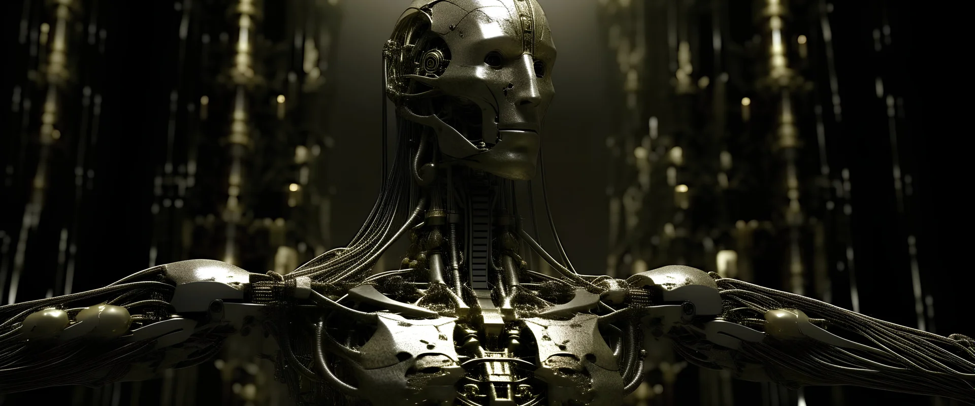 half human half robot, very detailed, ultra high quality, impressive, cinematic, monumental