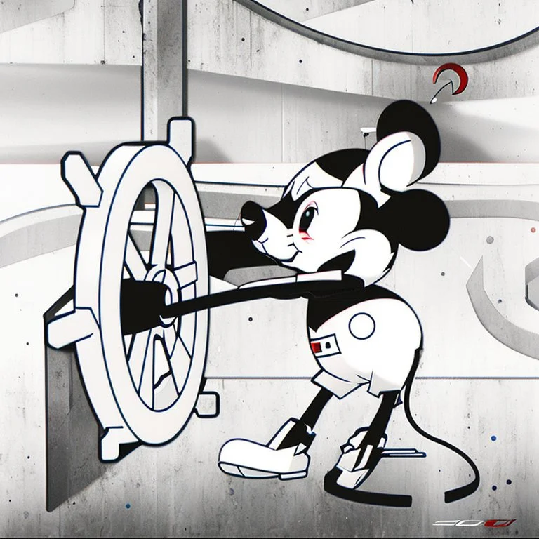 El ratón mikey chibi, colores rojo, negro, azul y blanco