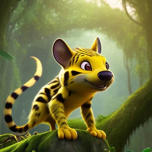 Marsupilami comic figure , photorealistic picture, unreal engine 5, lifelike, high detail intricate, jungle background, realistic proportions, tail exiting frame, extremely long tail