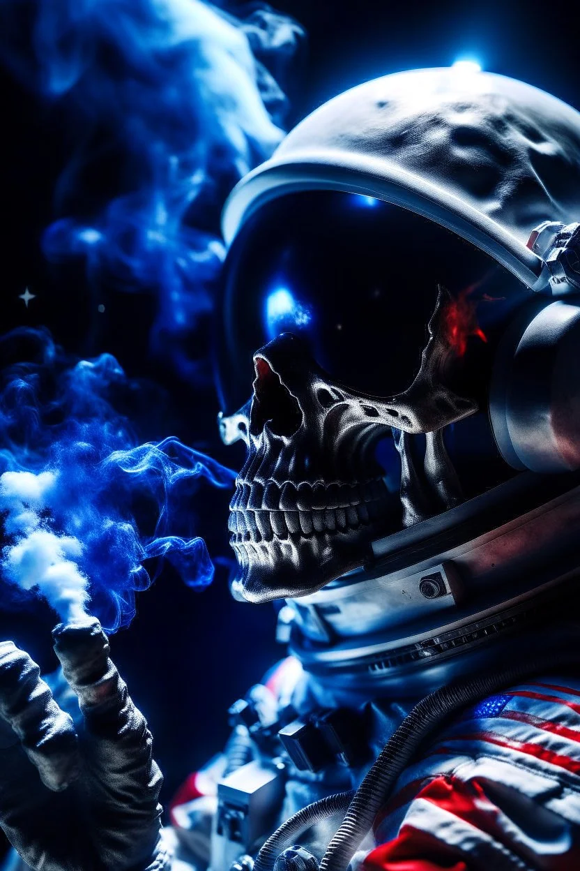 A close up of a skeleton face in an astronaut suit floating in space. On his suit is an American flag and in his one hand is a small wavering American hand flag. From the back of his suit is blowing out blue, white and red smoke. Realistic, 8k, highly detailed, funny