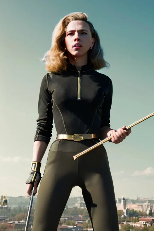 retro portrait image from 1960, Moscow background, wind, long hair, fighting stance, sweet young Scarlett Johansson, classic black tight lycra suit, metal stick weapon, gold bracelet and belt, high heel boots, soft color, highly detailed, unreal engine 5, ray tracing, RTX, lumen lighting, ultra detail, volumetric lighting, 3d, finely drawn, high definition, high resolution.