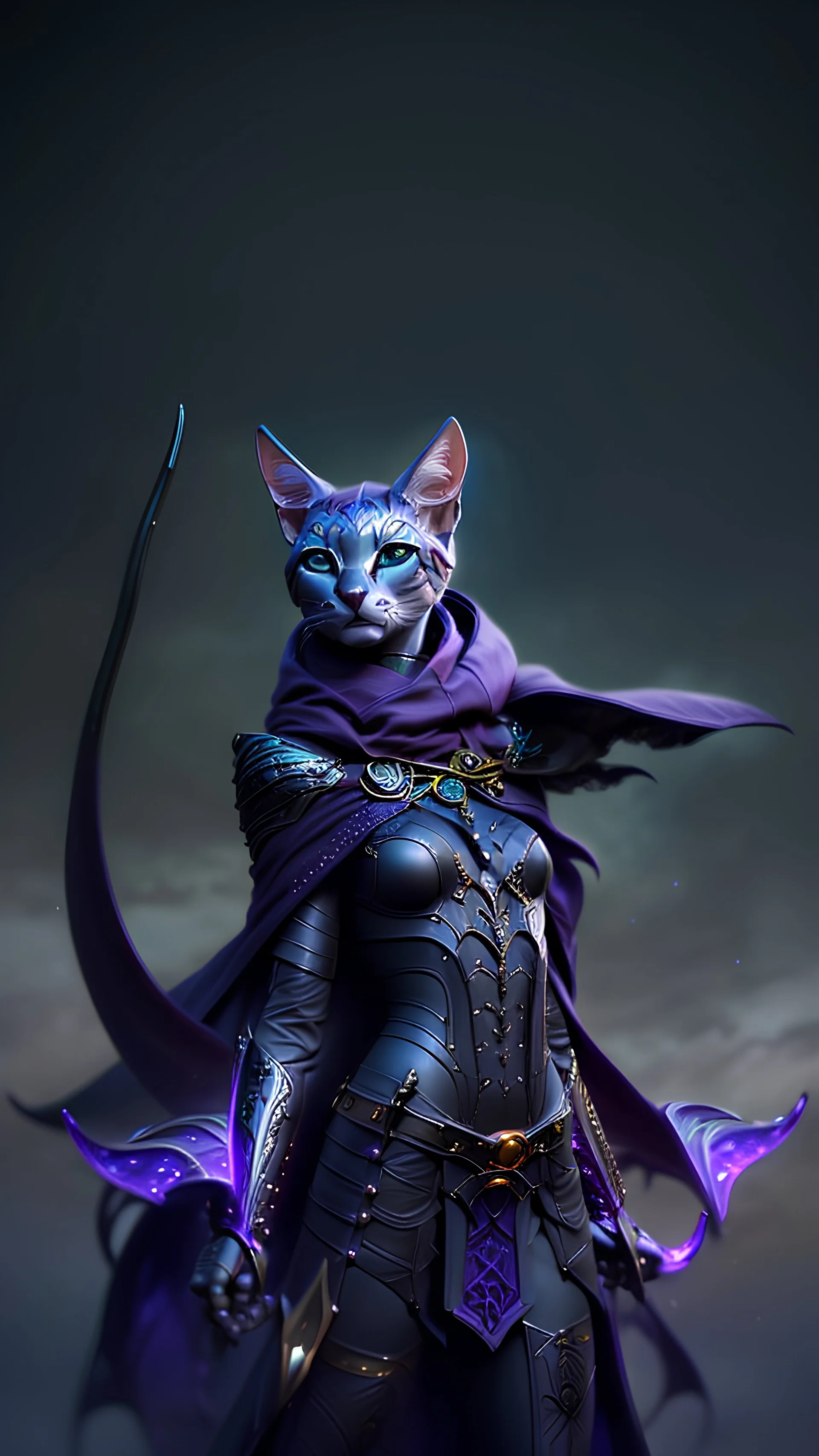 Beautiful D&D character portrait, humanoid tabaxi, female, colorful fantasy, detailed, realistic face, digital portrait, intricate cloak black trimmed with silver and purple, fiverr dnd character, wlop, stanley artgerm lau, ilya kuvshinov, artstation, HD, octane render, hyperrealism