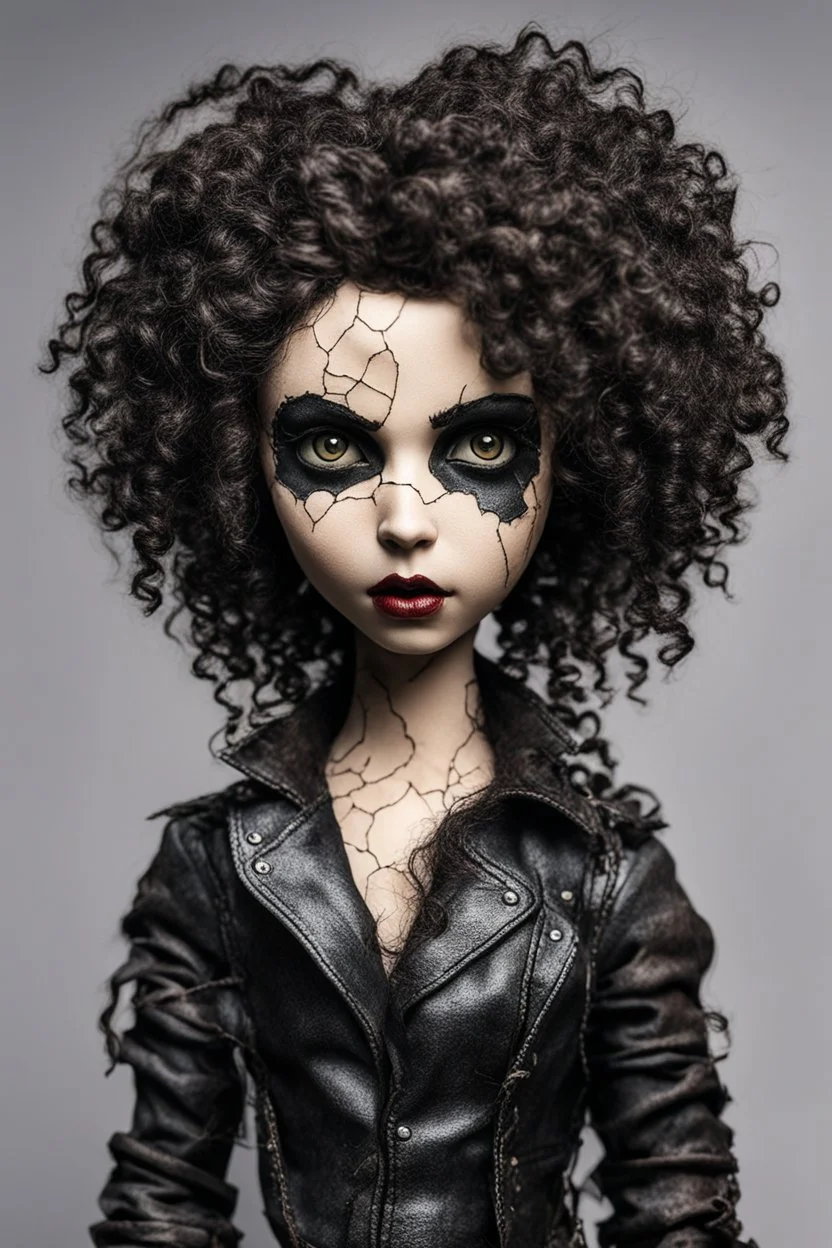 full color, illustration of a dark, menacing, curly haired, black leather clad motorcycle girl, tall and willowy , as a decayed, broken, crude homemade cloth doll toy, with a cracked porcelain face, thick dark eyebrows, hair made from ragged strips of cloth, in the style of Nadya Sheremet