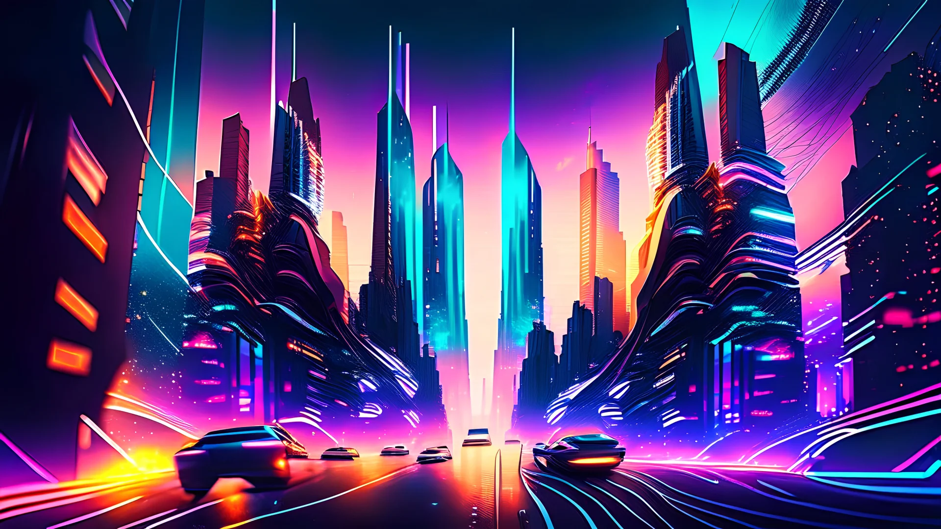 Imagine a futuristic cityscape at dusk, with towering skyscrapers reaching towards the horizon. In the center of the city, a massive holographic sculpture floats effortlessly, emitting a mesmerizing array of colors. The streets below are bustling with high-tech vehicles zooming past, leaving trails of vibrant light trails behind them. Capture the essence of this futuristic cityscape using AI and create a photo that transports viewers into a world where technology and imagination blend seamlessly