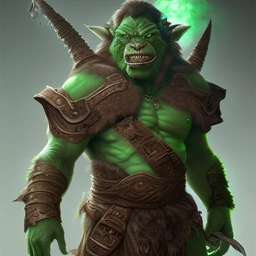 orc mage, Height 250cm, Weight 200kg, Skin color green, Has predator-like eyes, fangs, and claws He holds an old stuff in his hand. Kills humans with ferocious accuracy, Intelligence is that of a human child. Wears crude silk armor