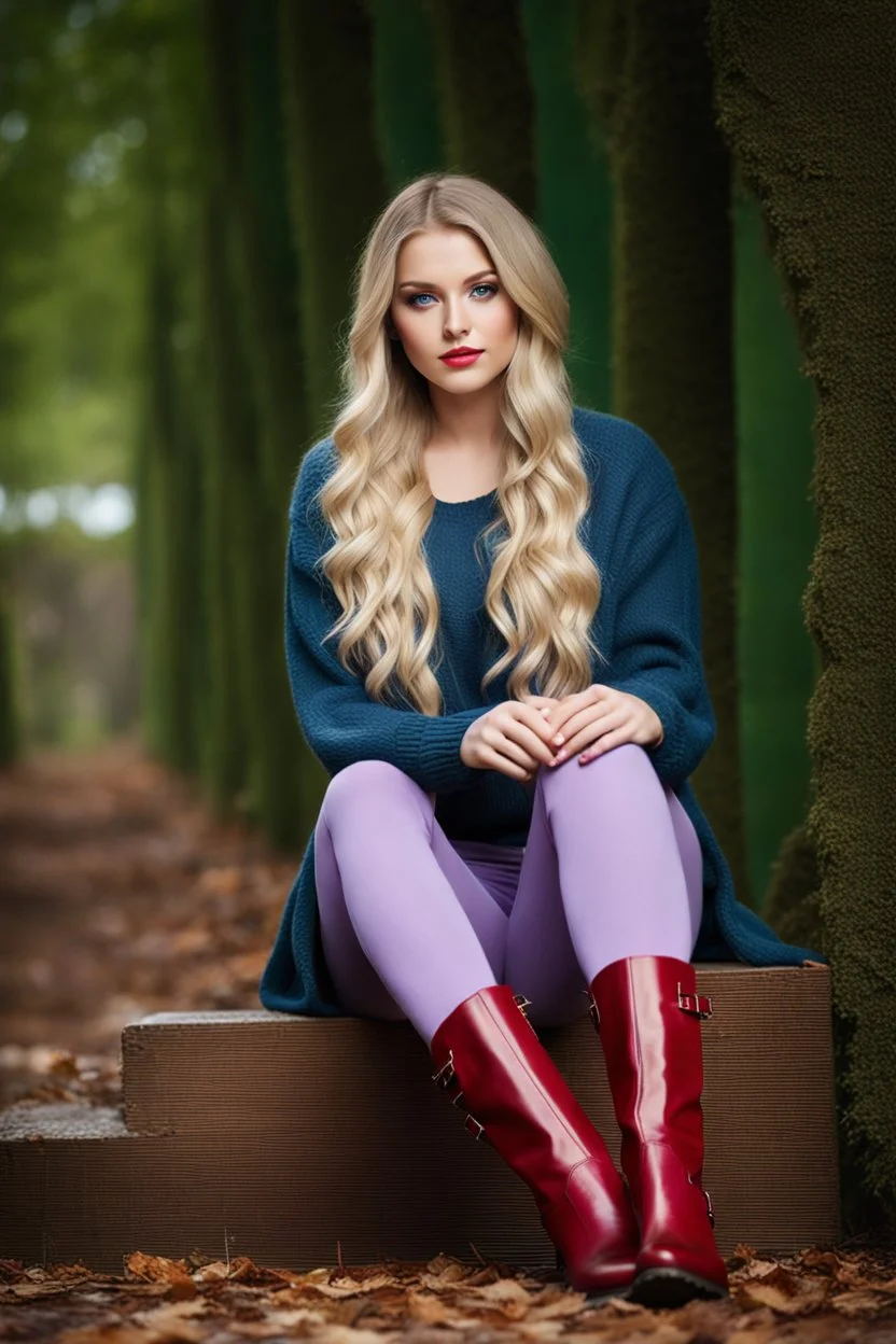 beautiful 18 year old girl with ash blonde hair and blue eyes with her curvy hair down, wearing a long-sleeved woollen top, and lilac long leggings, with long red boots full body shot