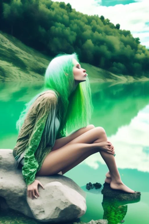 woman sitting on a rock, in a lake, green mottled skin, green hair, blue sky, white clouds