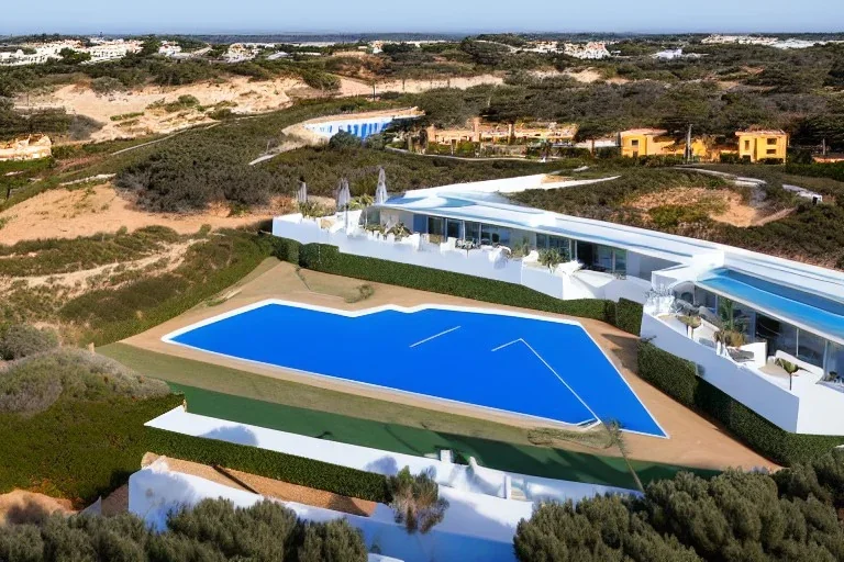 Sunset algarve in quinta do lago, one straight line building of 250 meters long modern luxury architecture with pool on rooftop, with green roofs and sun loungers next to pool, on the left side overlooking a tennis and padel sport facility and inserted in the Ria Formosa Natural park, on a slope with pinus pinea, a wrap around low speed veicular road