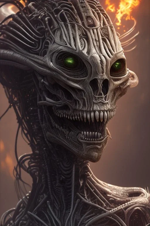 evil predator with crown, alien, brutal face, tron, head, burn eyes, 8k, finely detailed, dark light, photo realistic, hr giger, cyberpunk