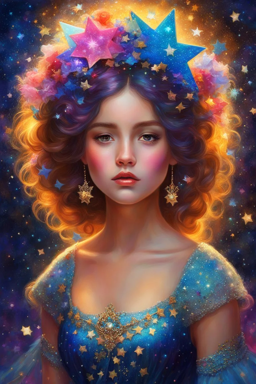 a girl in a dress with stars on her head, beautiful fantasy art portrait, beautiful fantasy portrait, colorfull digital fantasy art, by Victor Nizovtsev, stunning digital illustration, carlos ortega elizalde, anime girl with cosmic hair, very detailed digital painting, exquisite digital illustration, highly detailed digital painting, in stunning digital paint, beautiful fantasy painting