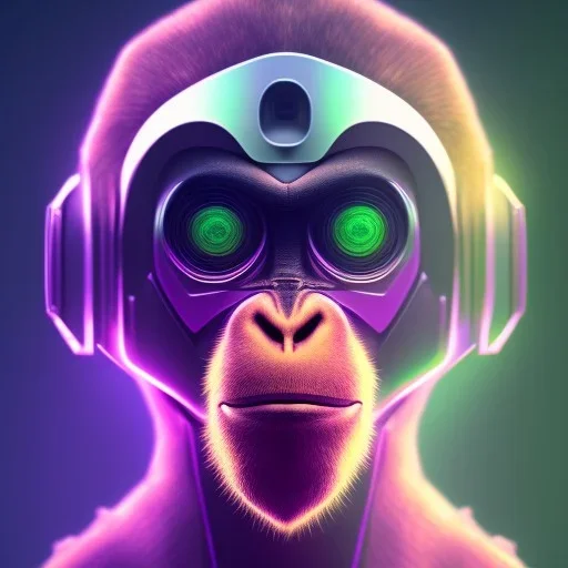 A beautiful portrait of a cyborg monkey purple neon color scheme, high key lighting, volumetric light high details psychedelic background