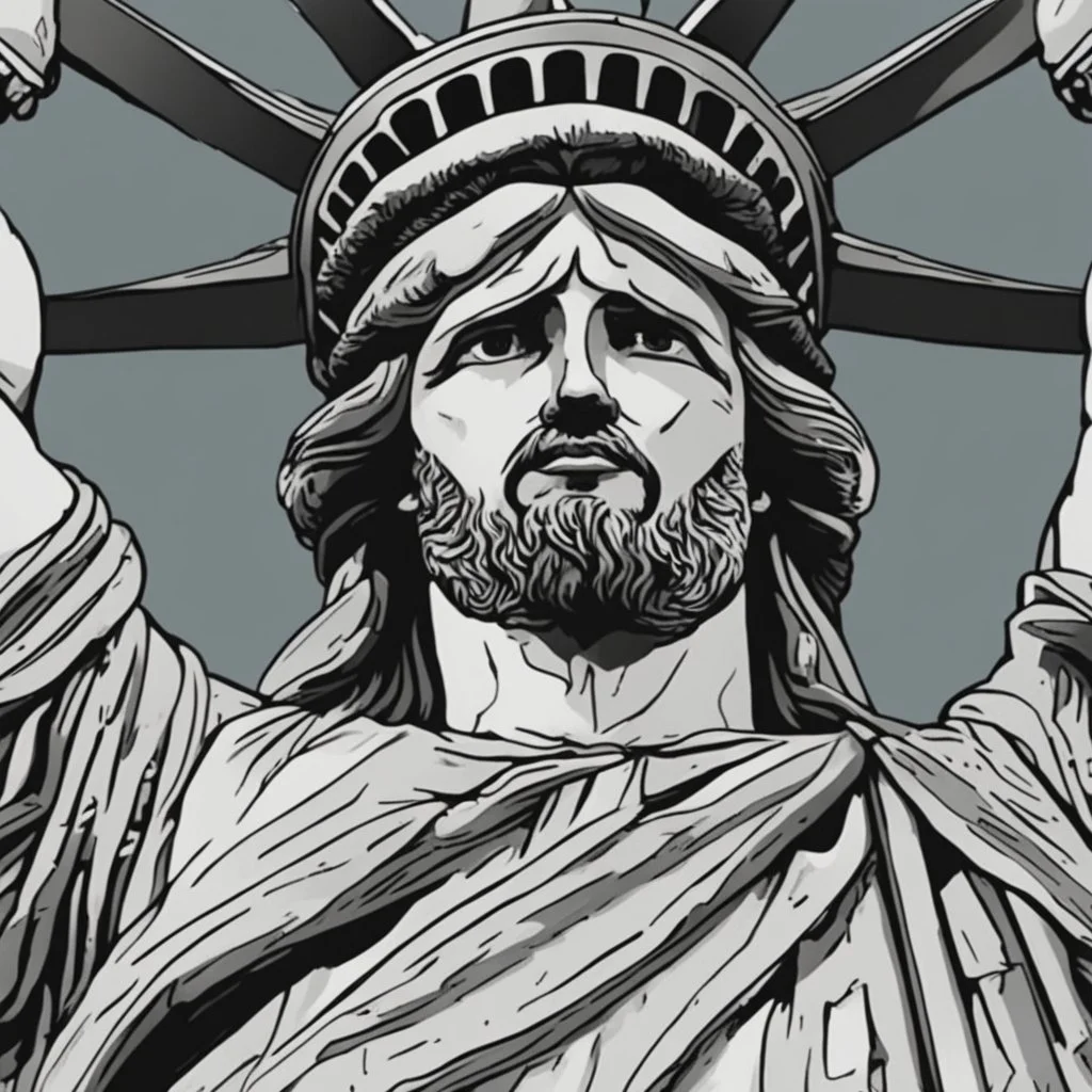 line toned, hedcut, wsj style, statue of Jesus of Liberty with a beard and wearing a cross and hanging from a cross, The statue male, hyperdetailed intricately detailed photoillustration ink drawing dystopian 8k resolution entire body of the statue is in the picture. digital illustration telephoto lens photography , same colors as the us treasury's one dollar bill, crucified"