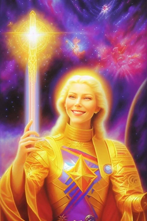 cosmic woman smile, admiral from the future, one fine whole face, crystalline skin, expressive blue eyes,rainbow, smiling lips, very nice smile, costume pleiadian, Beautiful tall woman pleiadian Galactic commander, ship, perfect datailed golden galactic suit, high rank, long blond hair, hand whit five perfect detailed finger, amazing big blue eyes, smilling mouth, high drfinition lips, cosmic happiness, bright colors, blue, pink, gold, jewels, realist, high commander