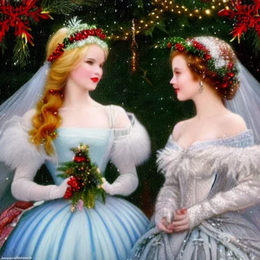 Dove cameron and teen robyn lively, meticulously detailed beautiful faces, meticulously detailed hair; christmas, snow, gothic, sparkles; ethereal fantasy. hues of christmas. hideo kojima. realistic oil painting. victorian era, glitter, snowflakes, holly, pinecones, old fashioned, vintage, antique, beautiful, renaissance, 16k