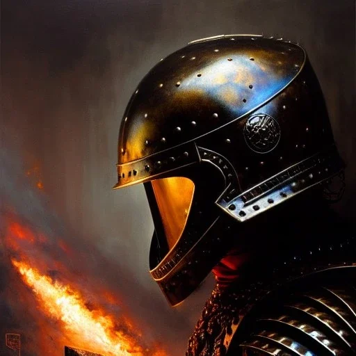 portrait 'Grunbeld-Berserk',ancient metal armor and helmet ,painting by gaston bussiere, greg rutkowski, yoji shinkawa, yoshitaka amano, tsutomu nihei, donato giancola, tim hildebrandt, oil on canvas, cinematic composition, extreme detail,fit full head inside picture,16k