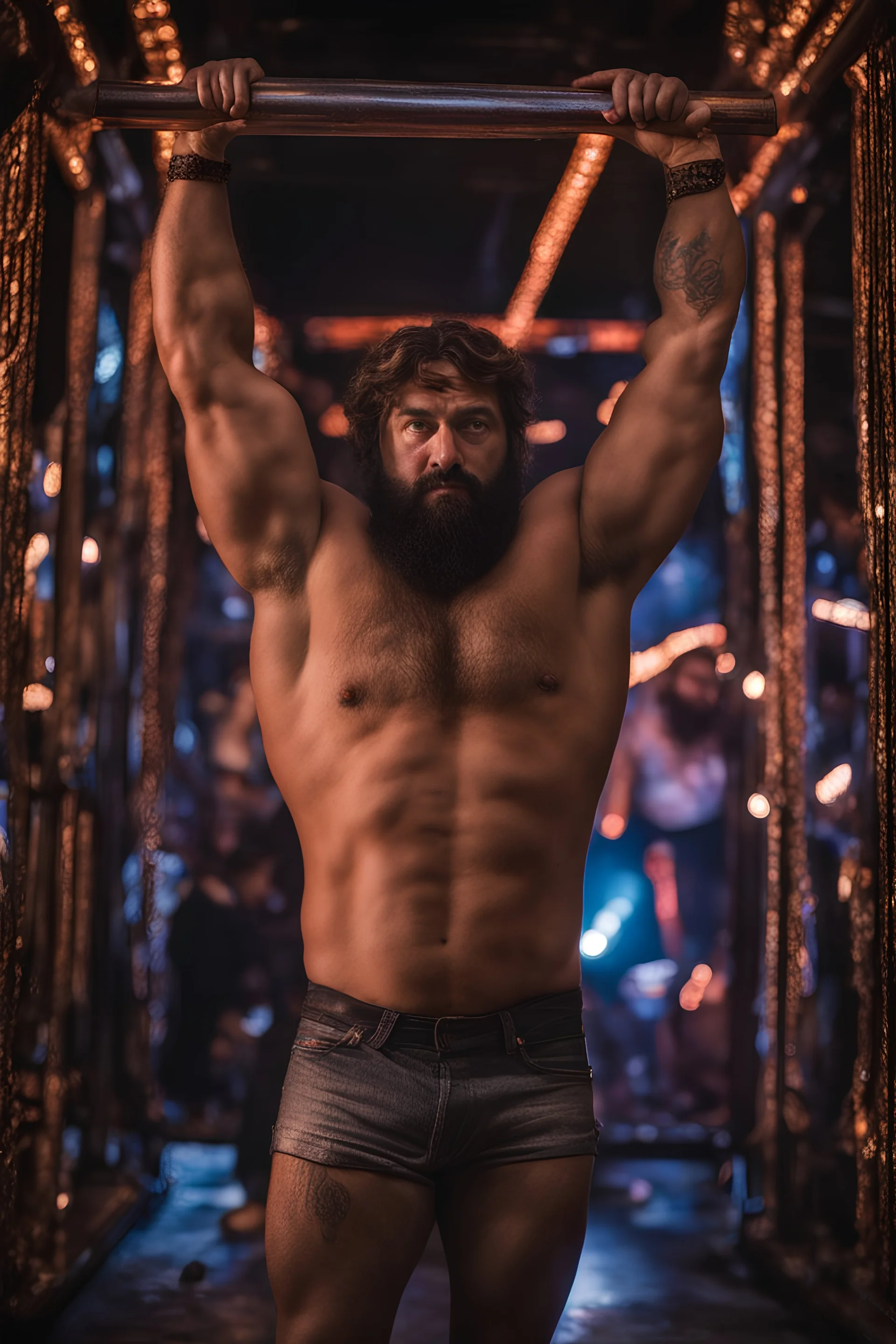 full figure photography of a burly trucker muscular strong 42-year-old turkish in a discoteque, serious, shirtless, short beard, dancing rock shirtless, bulge, manly chest, big shoulder, tribal tattoo, very hairy, side light, view from the ground