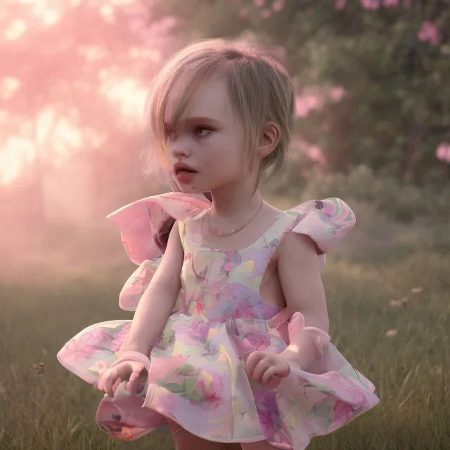 Lily rose depp toddler, full body, floral clothes, dynamic pose, tokio background, dramatic lighting, hyper realistic, unreal engine, 8k, upscale