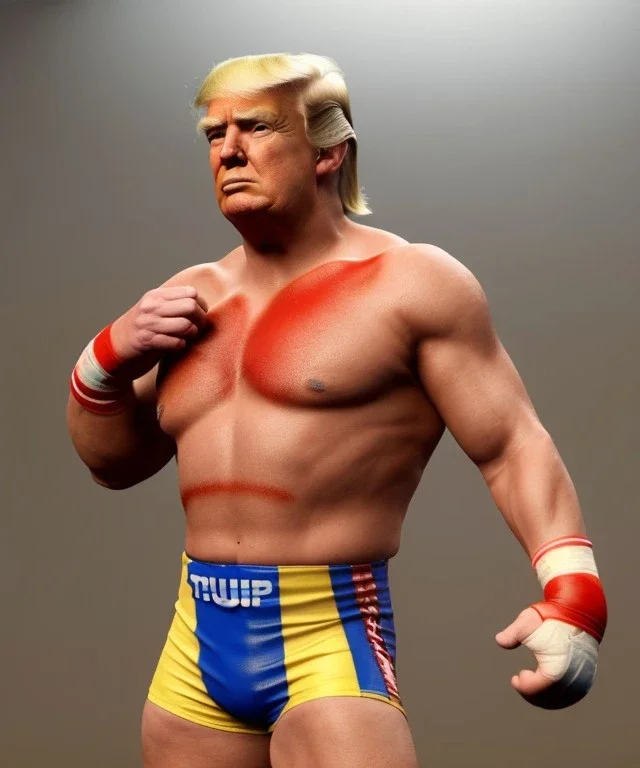 Realistic image of Donald trump wrestler, Mexican wrestling style, eye liner, red and blue breeches, glow us flag dress, suspenders, retro style, 80s, vibrant color, highly detailed, clean background, concept art, unreal engine 5, god rays, ray tracing, RTX, lumen lighting, ultra detail, volumetric lighting, 3d, finely drawn, high definition, high resolution.