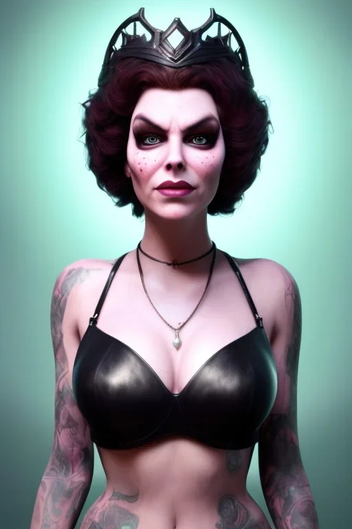 Hannah Waddingham as evil queen in black leather, busty, cleavage, voluptous, rebecca Welton, angry, stern look. character design by cory loftis, fenghua zhong, ryohei hase, ismail inceoglu and ruan jia. unreal engine 5, artistic lighting, highly detailed, photorealistic, fantasy