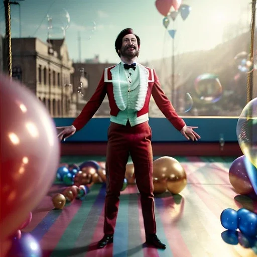 Ultra realistic circus scene. dancer man, waist up view, Wes Anderson style, happy, bubbles, butterflys, dark ambient, highly detailed, concept art, unreal engine 5, god rays, ray tracing, RTX, lumen lighting, ultra detail, volumetric lighting, 3d, finely drawn, high definition, high resolution.