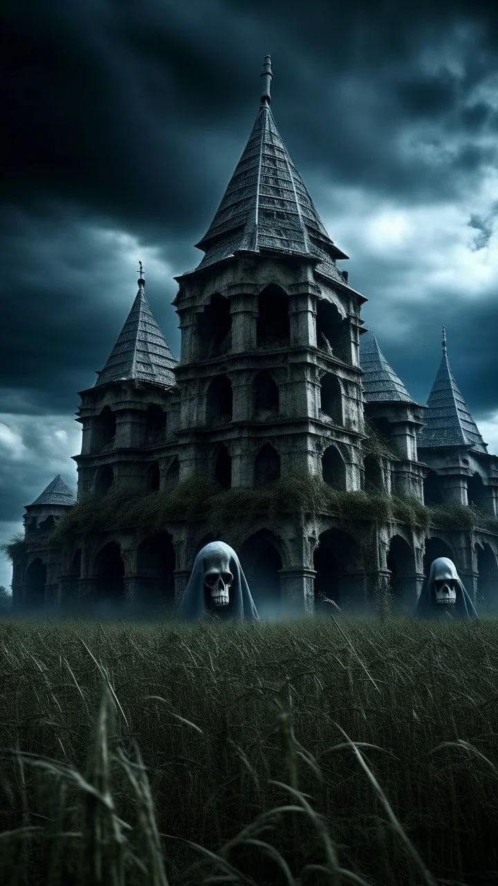 A group of scary large hooded evils figures with glowing white eyes looking at you a big castle in the background and out of this world galaxy in a blue and gray cloud of stormy weather a many sticks fixed ultra hi quality picture with cinematic science, tragedy, a small black birds far in hovering in the horizon in the big field of grass near front view of the skull