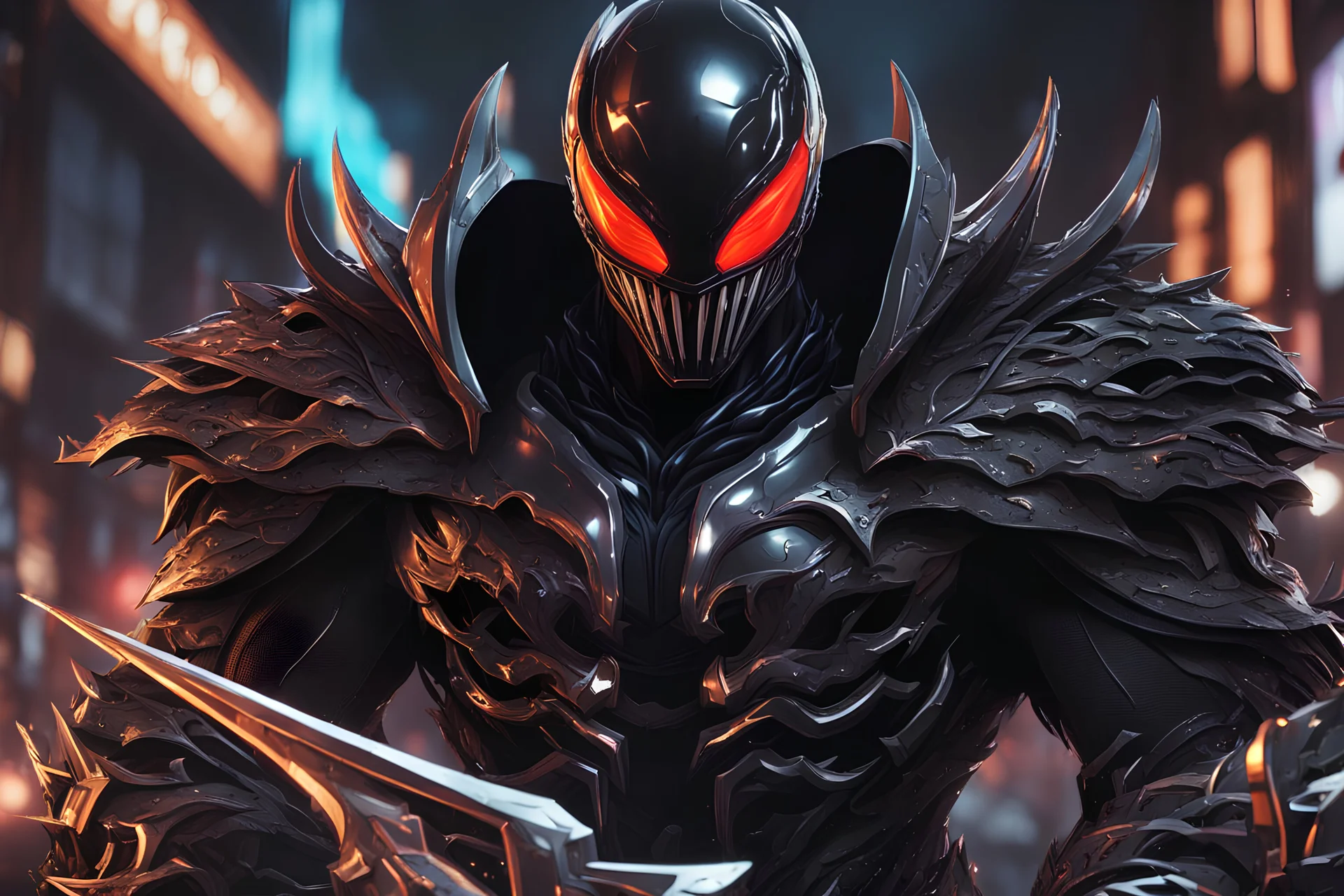 Venom Shredder in 8k solo leveling shadow artstyle, reaper them, close picture, rain, Shredder helmet, neon lights, intricate details, highly detailed, high details, detailed portrait, masterpiece,ultra detailed, ultra quality