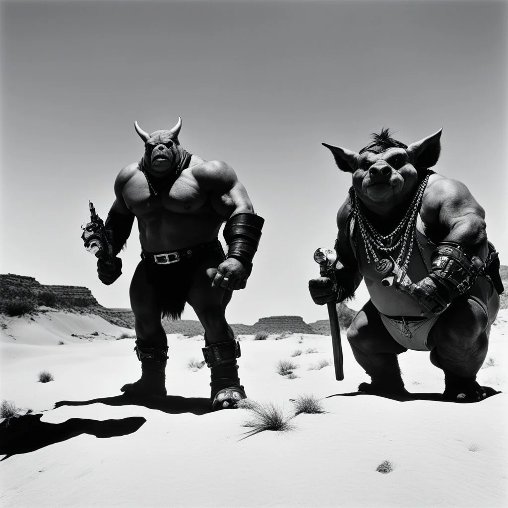 [art by Helmut newton] Bebop and Rocksteady, low angle view in the desert of the lostlands