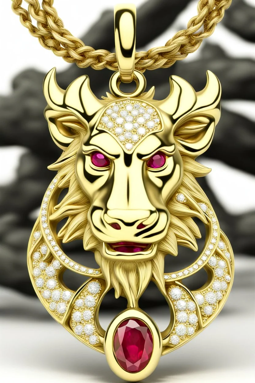 A pendant for a necklace, Pumbaa from the lion king in gold with diamonds and big tusks with eyes made of ruby