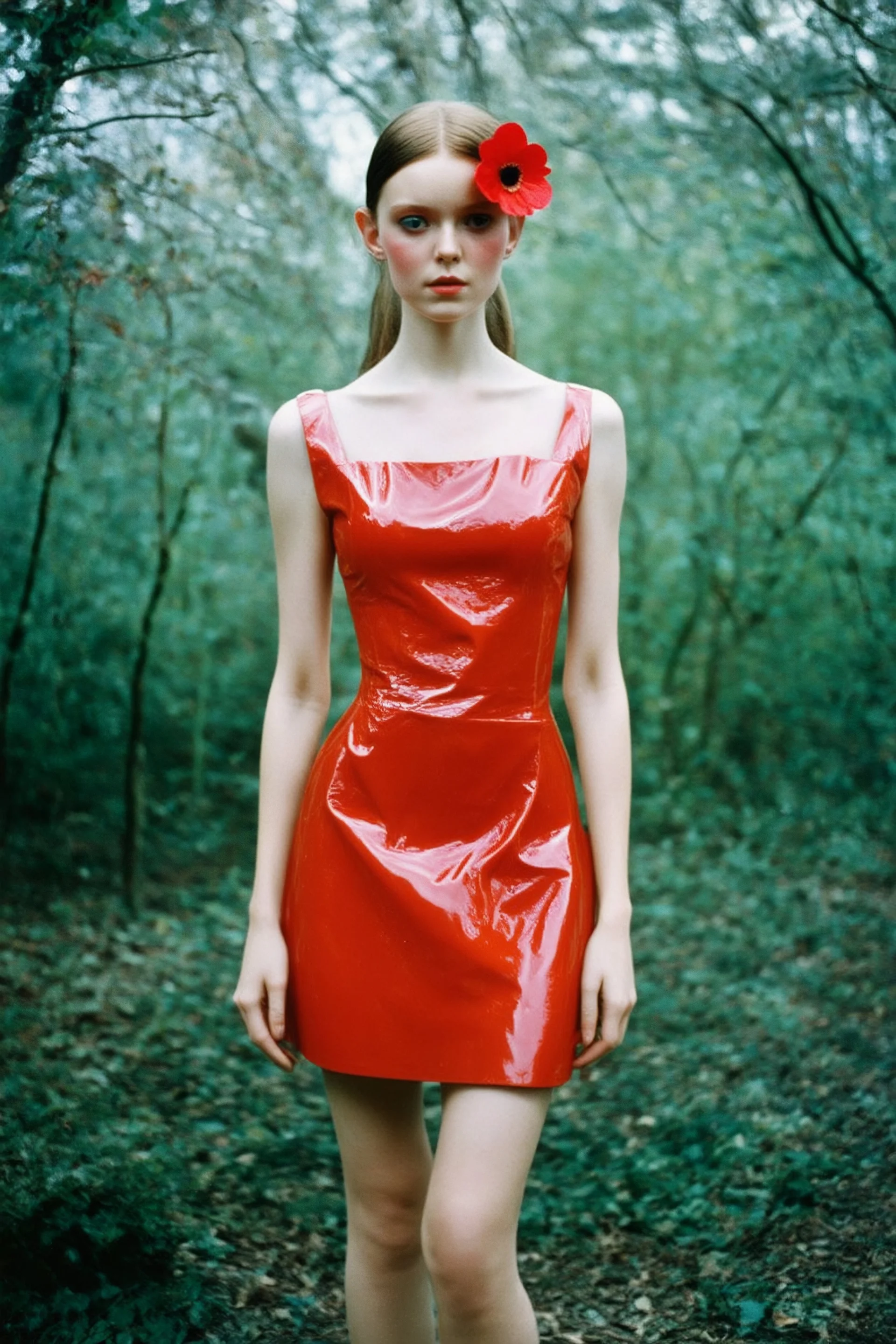 Mia goth, 1970s, short dress with a shiny red latex flower, old autochrome