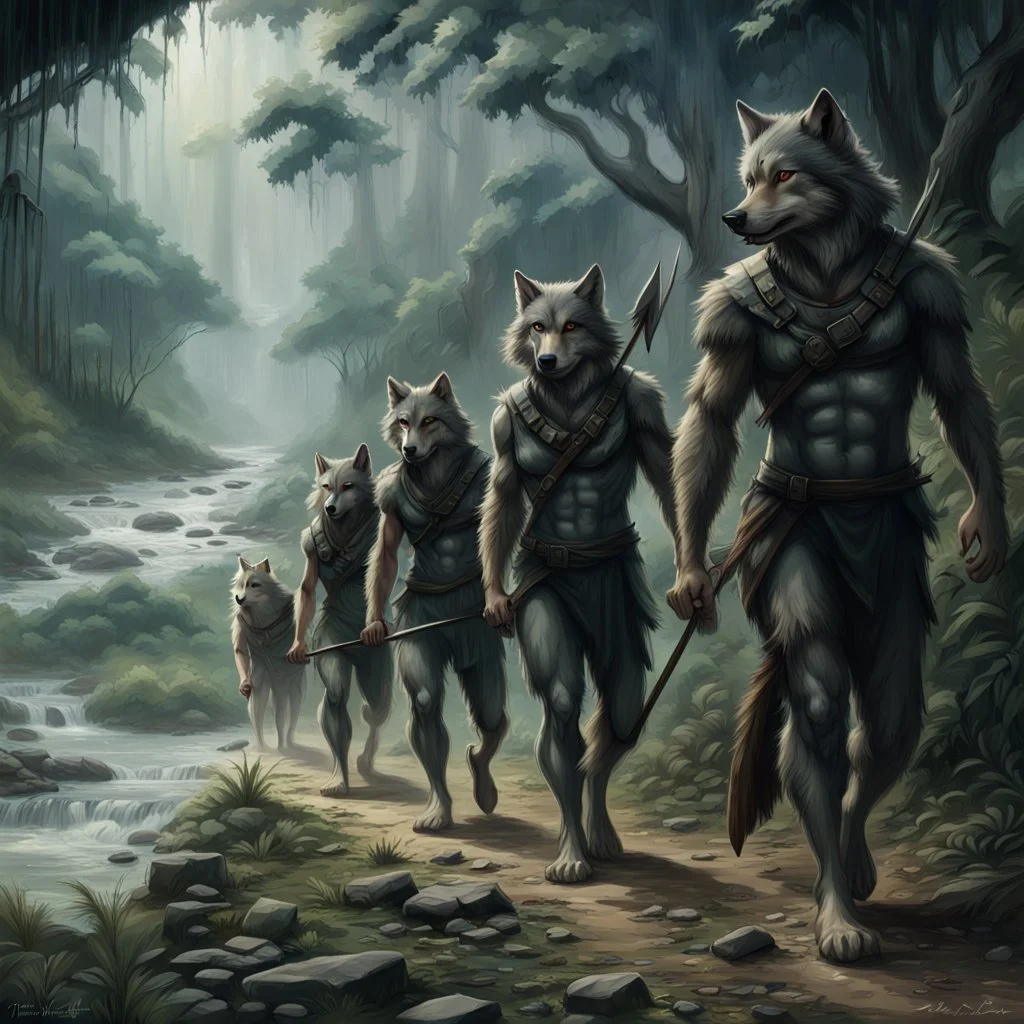 wolf body hair straight walking eight anthropomorphic wolf man hybrid human two with spears in their paws go one after another by pathway in jungle, in the further away a river flows in jungle near the trees, rain, very thick-trunk trees and jungle vegetation, near to them flows a fast river, dark colors, high realistic, detailed, cinematic, sci-fi, fantasy mood