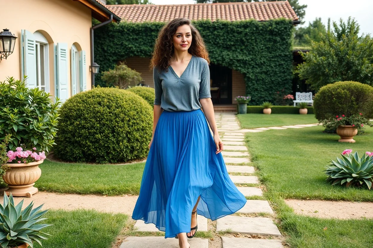 fullbody shot,of beautiful lady walking in a pretty villa garden wearing blue skirt and gray blouse , curvy hair,