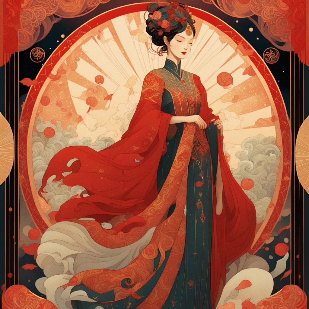 Bordered digital illustration of a An empress, draped in red silk by Victo Ngai. Art Deco, Tarot card, Hanafuda. High quality, masterpiece. Dungeons and Dragons.