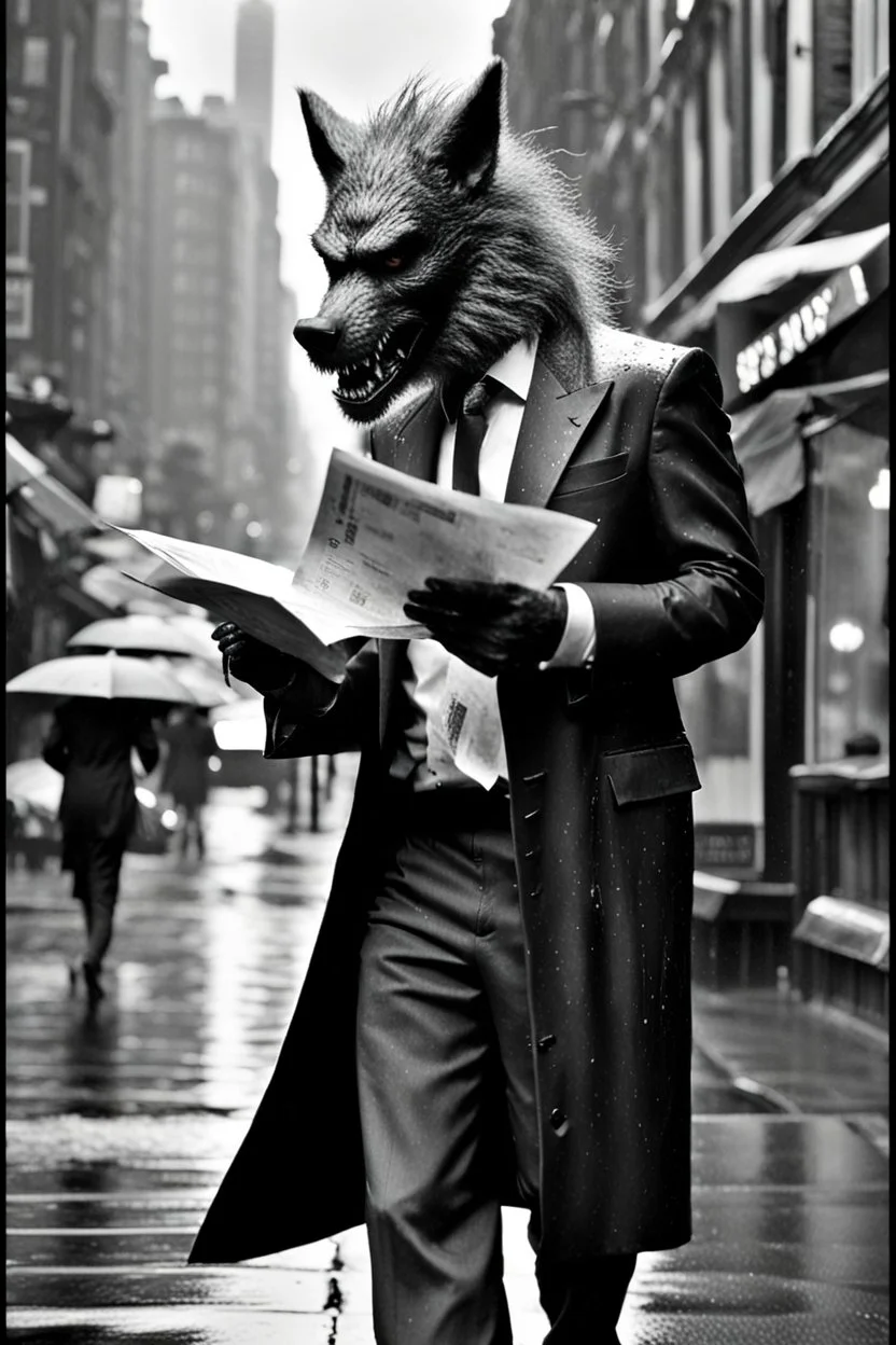 Werewolf in a suit walking the streets of Soho in the rain. He's holding a resraurant menu in his hand, and his hair is perfect. There is a Chinese restaurant in the background. Photograph.