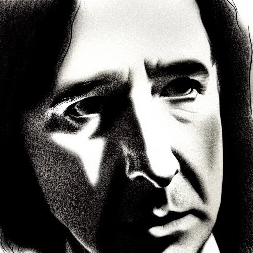 high-quality, fine-detail close-up pen and pencil sketch of young alan Rickman as Severus Snape, portrait, 8k resolution, intricate, digital art, detailed matte painting, photorealistic, volumetric lighting, Rafael Augusto, Juan Francisco Casas, Anne Dittman, Anne Stokes, greg rutowski