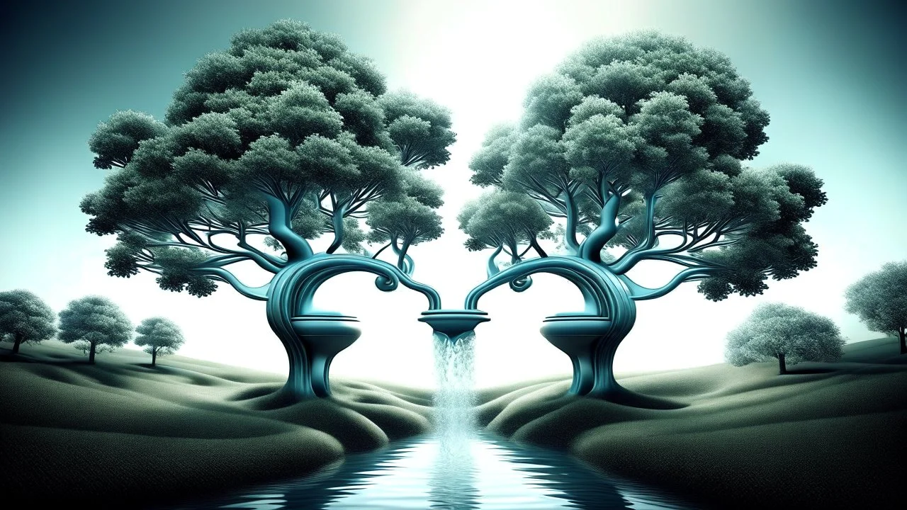 Surreal water faucet shaped trees, strange landscape surrealism.