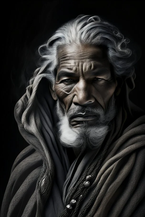 a photo of an Berber man with ethnic jewelry, grey hair and grey flowing robe, in style of Annie Leibovitz, contemporary portrait of a mature yet beautiful and modernist man, black and grey, detailed masculine face, swirling fluid smokey enigma, award-winning artwork