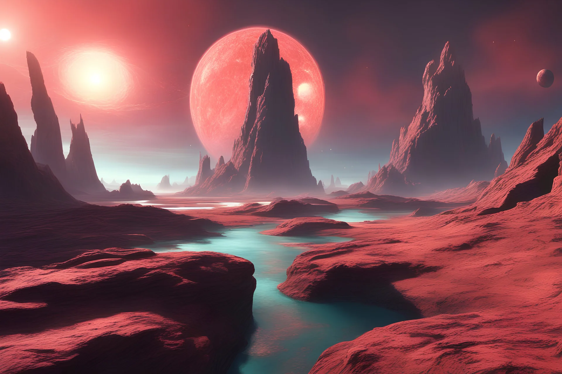 a scifi landscape with a giant reddish gas planet in the middle of the sky, in the front rocks and sea