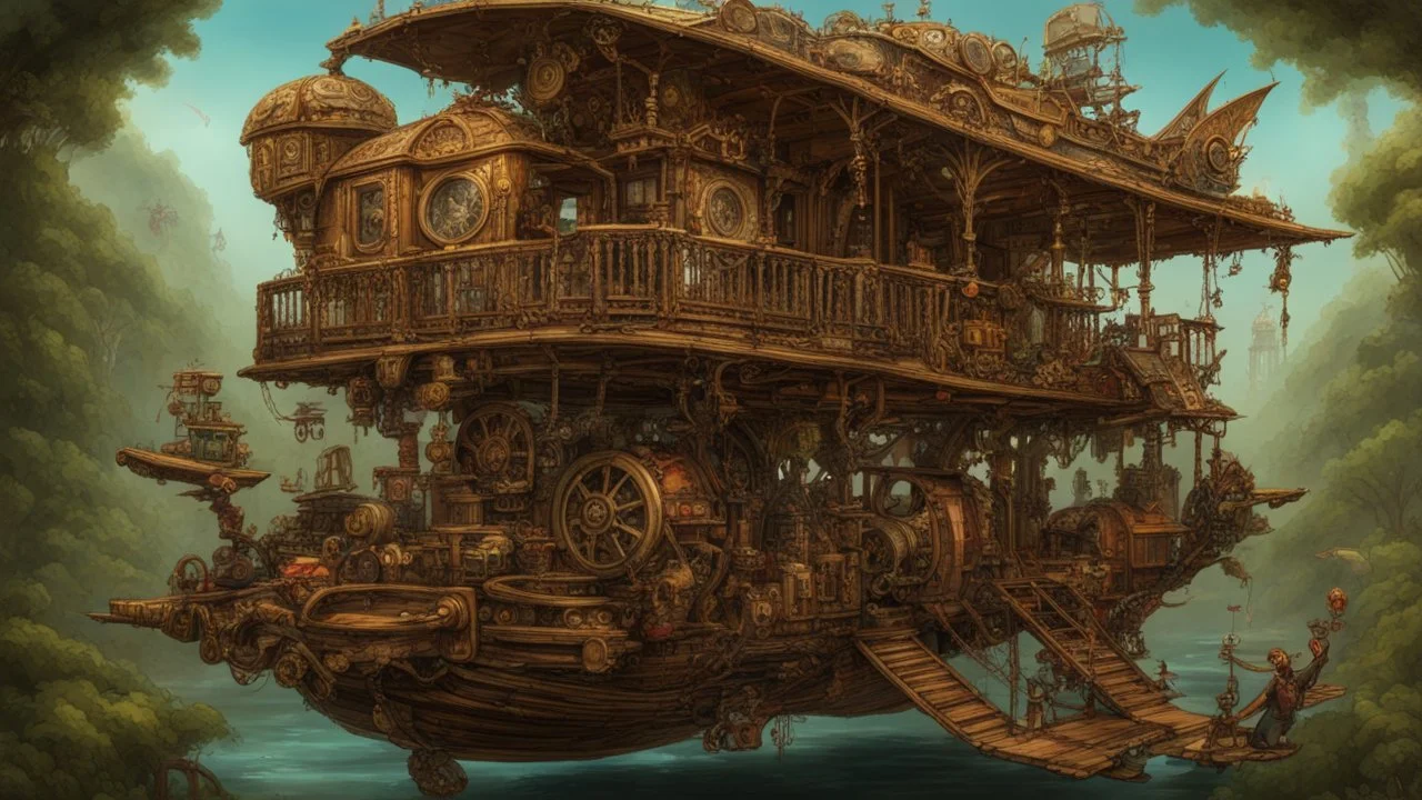 steampunk gipsy caravan crossed with a boat flying high over a jungle with platforms, verandas, and people, cogs, pullys, intricate