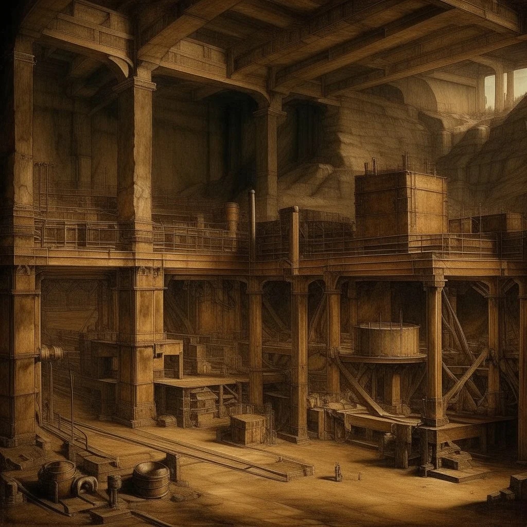 A brown underground mining factory painted by Leonardo da Vinci