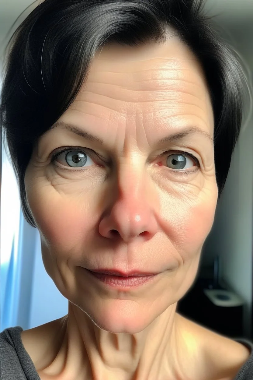 A selfie of a brunette woman with a round face, short hair taken at spa salon. showing incredibly beautiful extremely attractive 57-year-old European woman. (She has white skin, tousled black hair, pretty face without makeup, big round brown eyes, cute profiled nose, detailed full lips.)