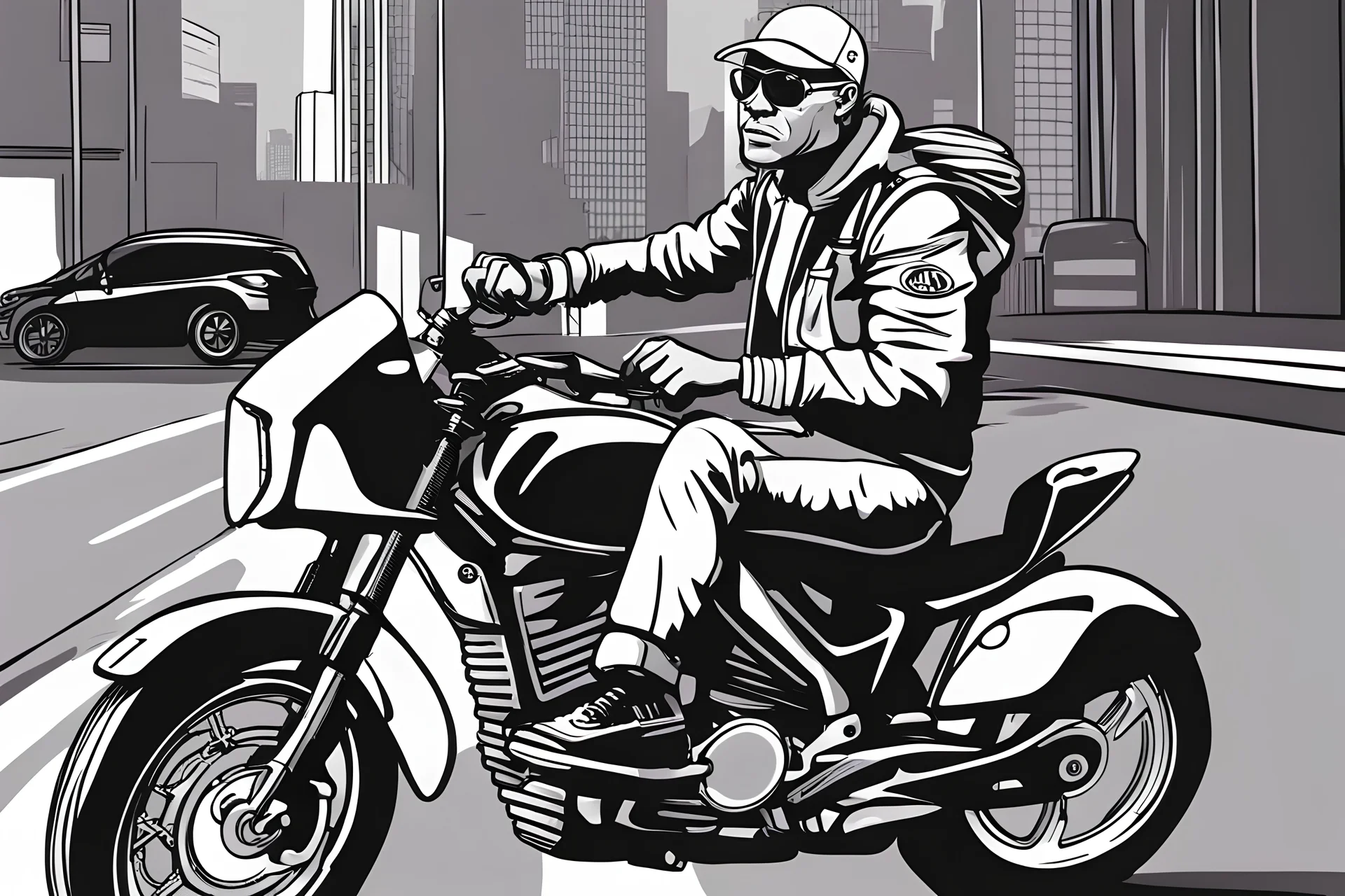 Cartoon man wearing corporate clothes nike He rides on his motorcycle wearing shoes nike Tn
