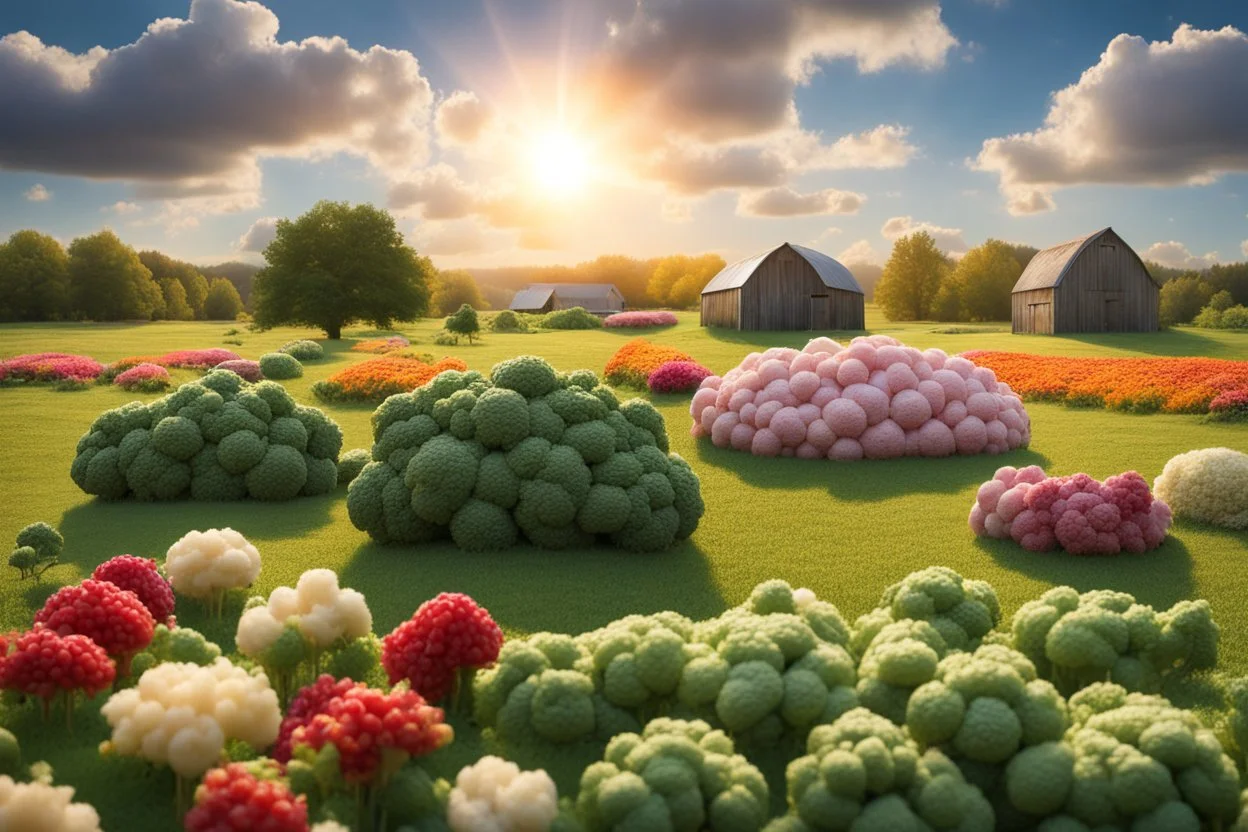 lifelike photography, vegetable and fruit landscape, broccoli forest, chive field, cauliflower sheep, orange sun, whipped milk clouds, raspberry flowers, cheese barn and haystack in sunshine