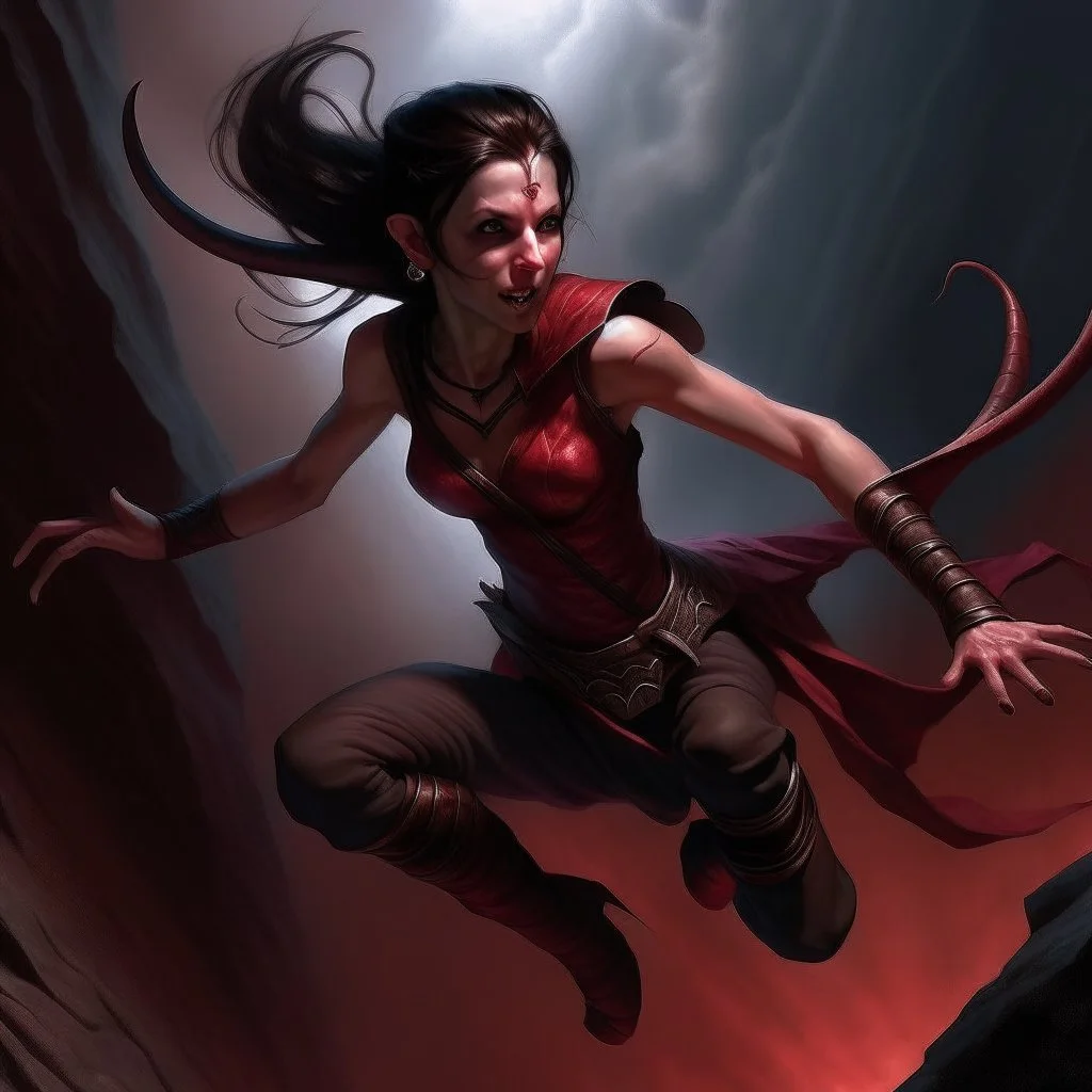 a beautiful tiefling woman with dark hair in a sleeveless battle outfit, floating in the air over a dark chasm, photo quality, dark red colors