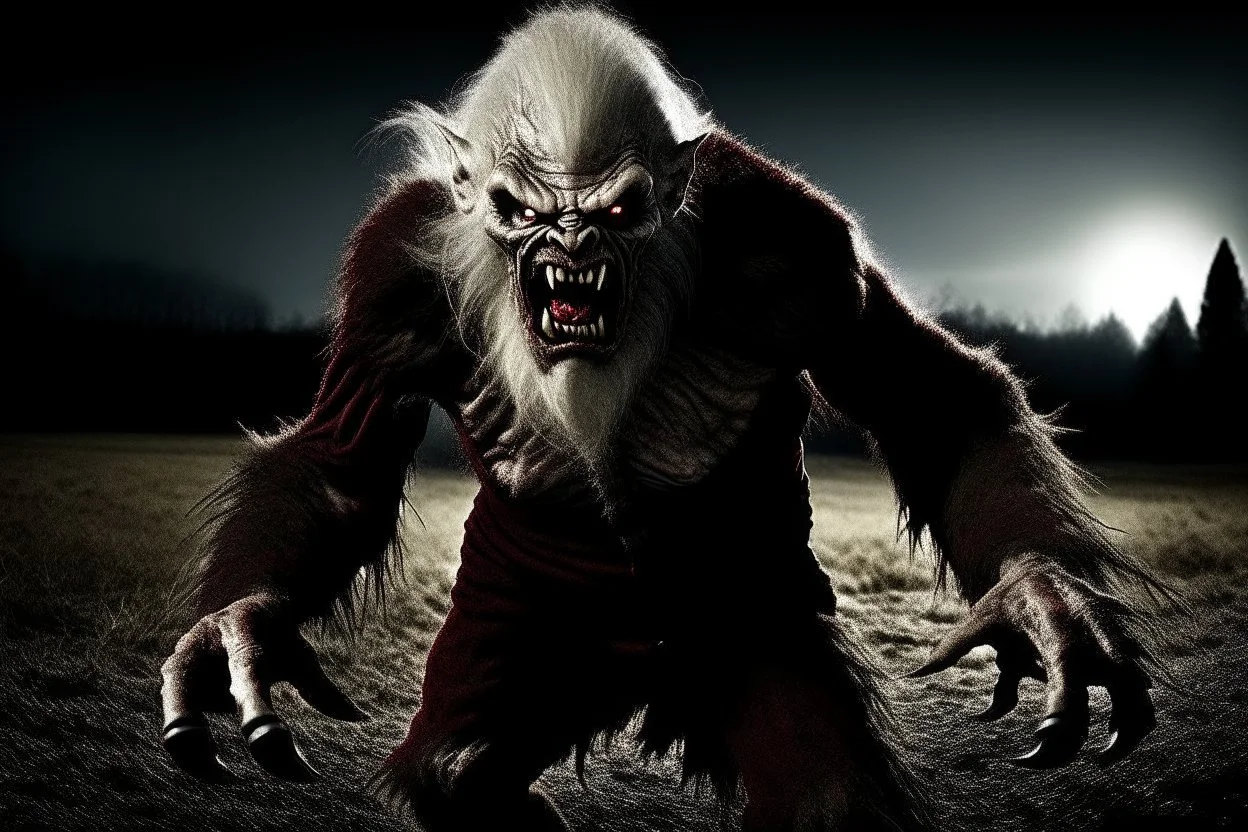 A captivating image of a attacking angry Scary vampire Father Christmas, poised on a vast field with a stark contrast between light and dark, conveys a powerful sense of tension. In this expertly captured photograph, the predatory animal stands tall, its muscular frame oozing strength and dominance. The sharpness of every detail accentuates the creature's primal aura, from its razor-sharp teeth and piercing eyes to its sleek, glossy fur. This mesmerizing image.