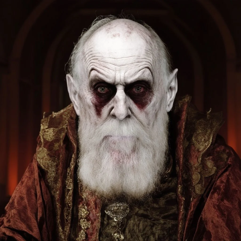 very grainy discolored modern photo, closeup portrait, dark ancient hall with no lights, grunge, extremely old male with chalk-white skin wearing old dashing and opulent gilded clothes, threatening, imposing, nosferatu