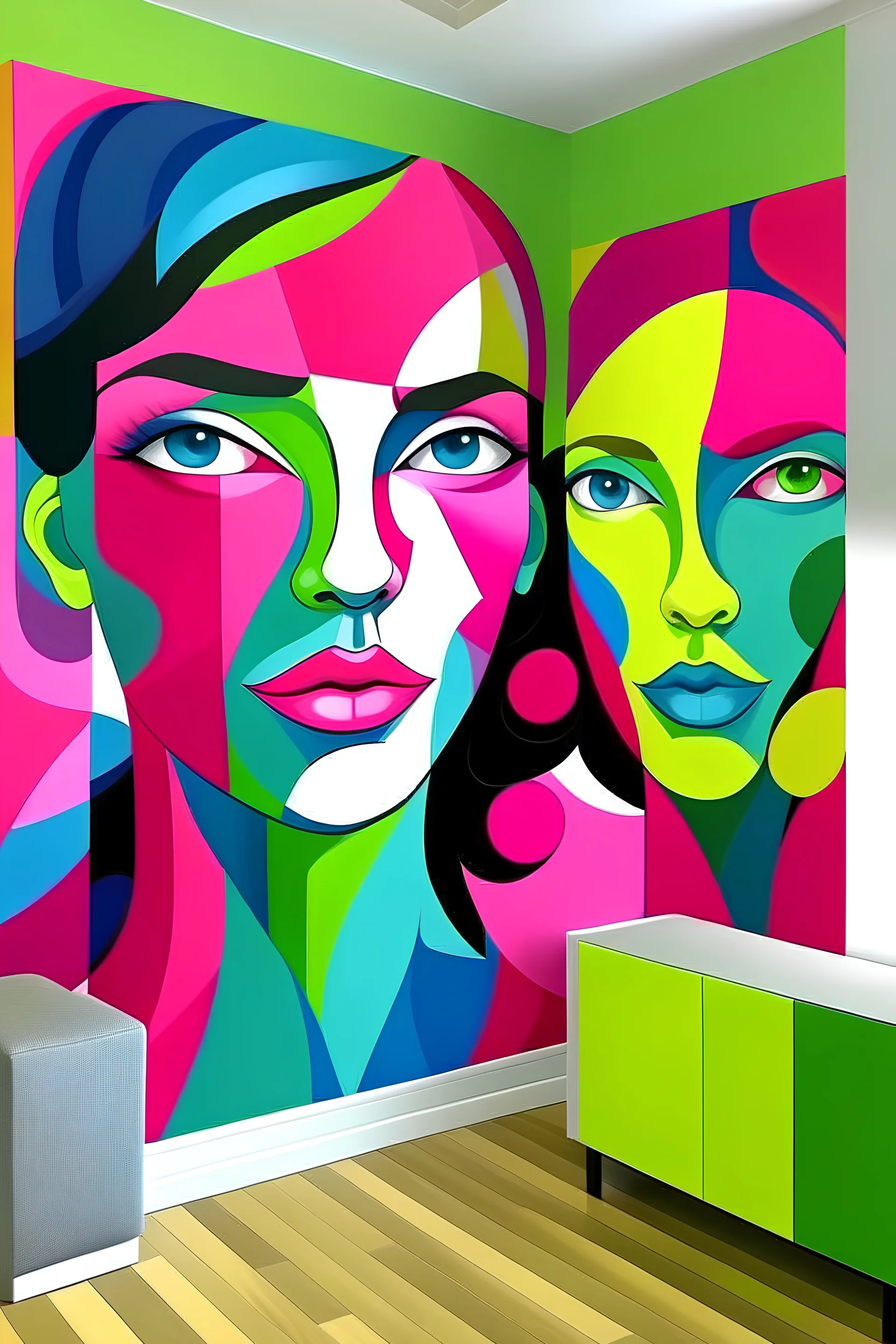 Create handpainted wall mural featuring abstract faces in Cubist cubes. Play with lively pops of color like bubblegum pink, lime green, and electric blue for a whimsical and modern look. Give it a handpainted mural effect