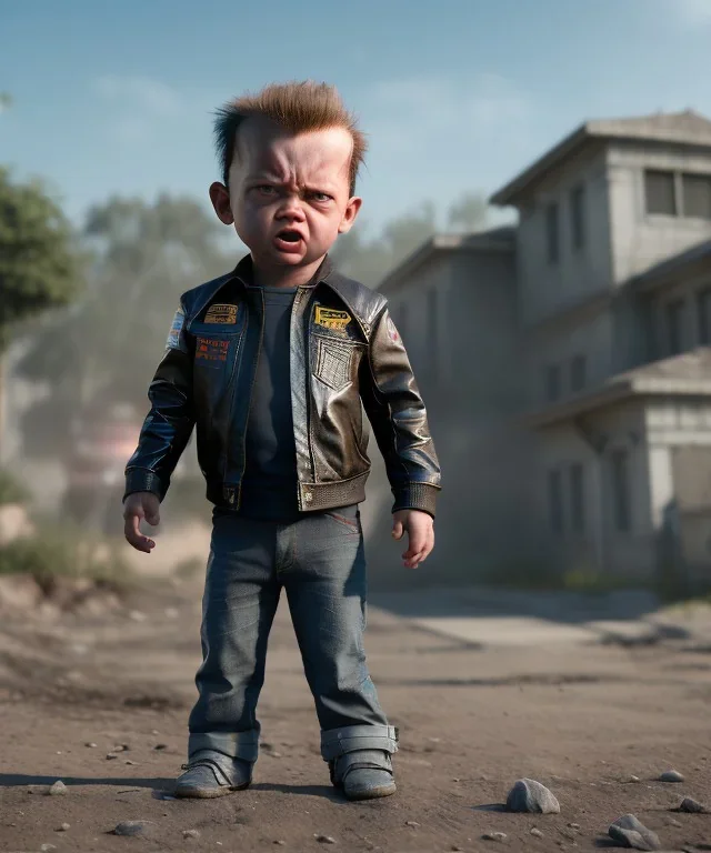 Terminator toddler, full body, dramatic lighting, angry, hyper realistic