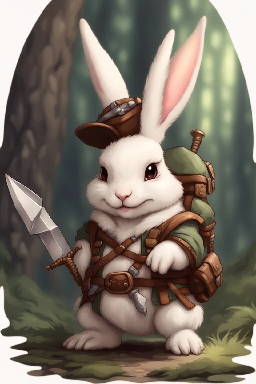 Cute chubby bunny floppy ears adventurer dnd art realism with miniature dragon