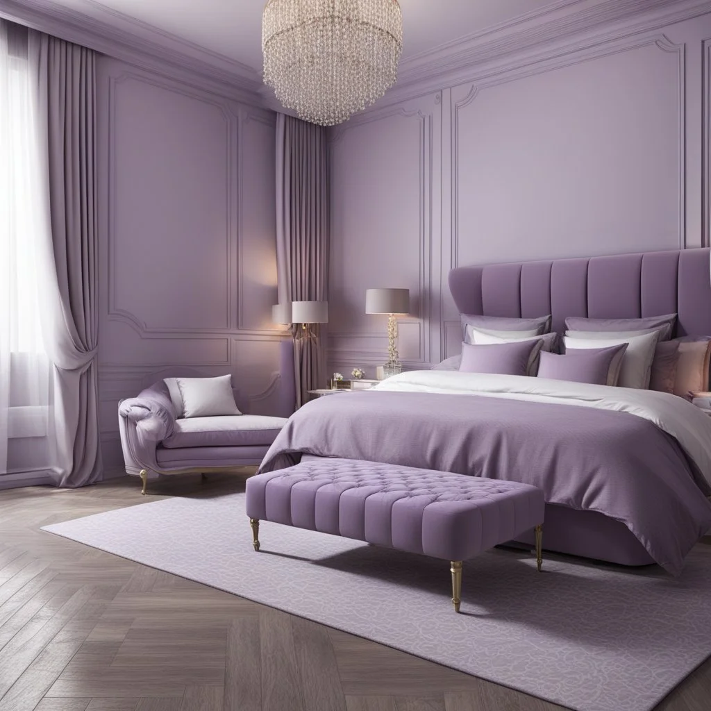 hotel bedroom master, modern classic style, lavender colors, 3d